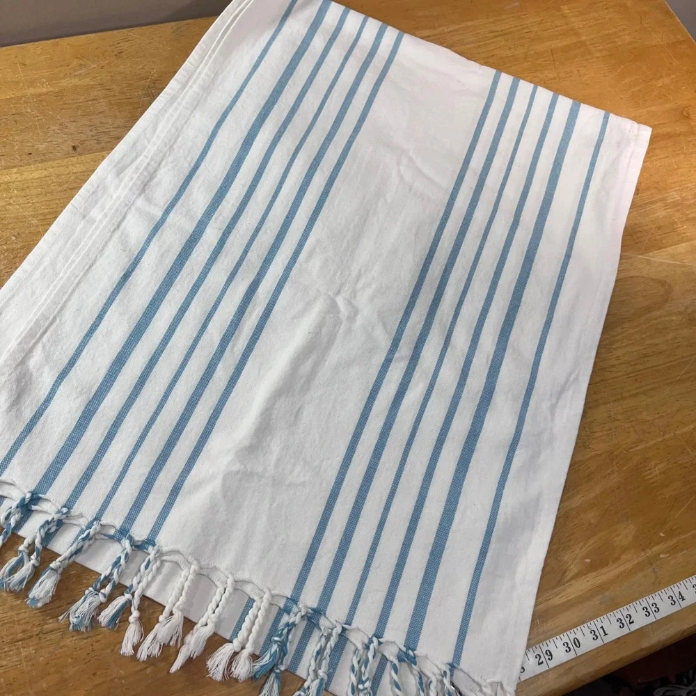 Williams Sonoma Blue White Striped Cotton Table Runner Tassel Fringe 100x19